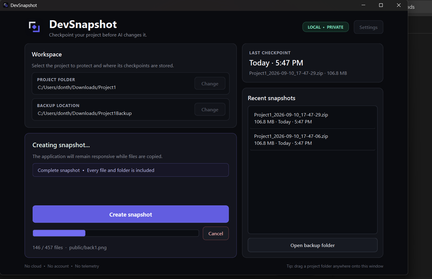 DevSnapshot interface preview